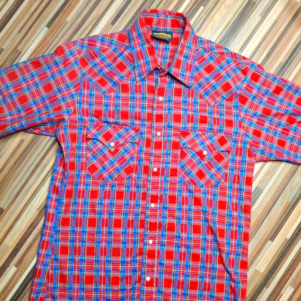 Vintage Holt Western Wear Red Blue Plaid Short Sleeve Pearl Snap Shirt